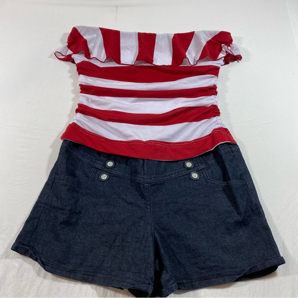 Strapless Romper Shorts  Striped Red white blue top